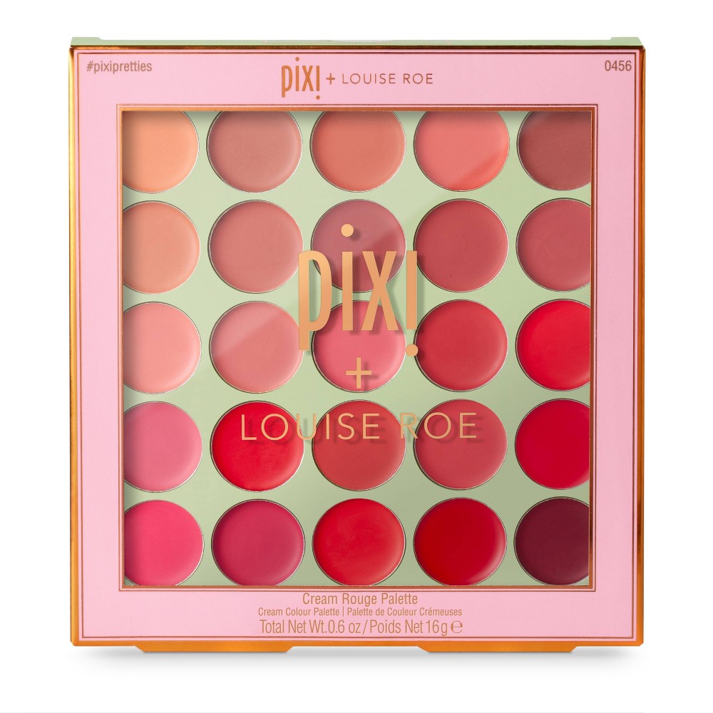 A square palette featuring 25 cream shades in various pink, red, and peach tones, with a light green background and gold lettering, designed for lips and cheeks.