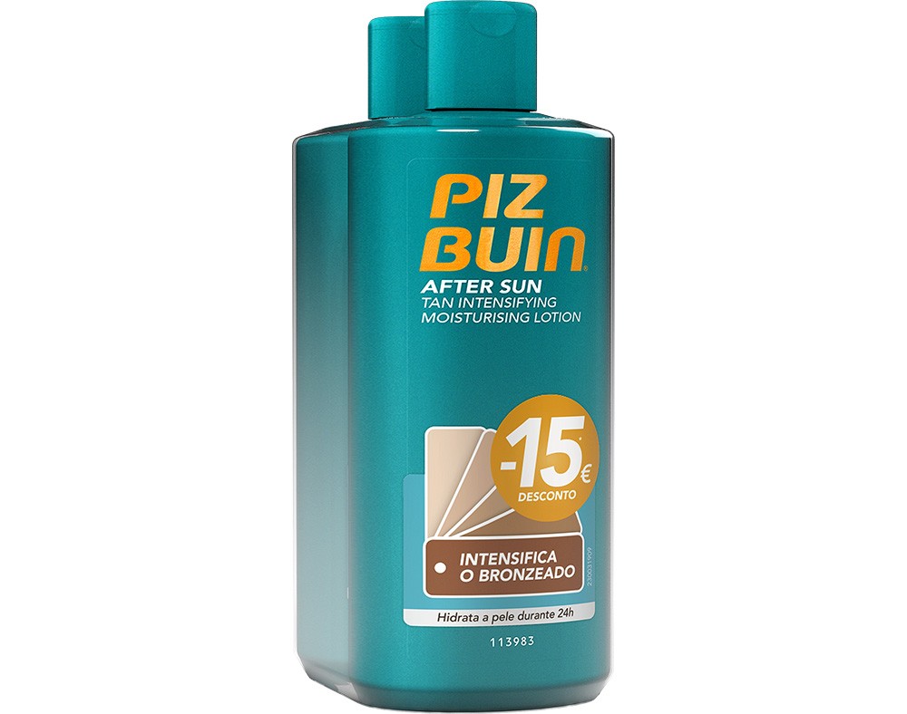 Two turquoise bottles of Piz Buin Aftersun Bronzeador, each 200ml, featuring a bright orange logo, moisturizing lotion label, and a discount tag of -15€.