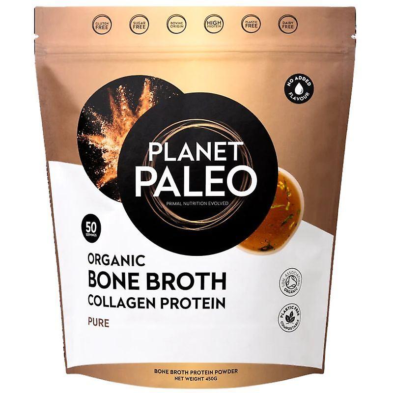 Planet Paleo Organic Bone Broth Collagen Protein in a 450g brown and white resealable pouch, featuring a vibrant splash graphic and labels for gluten-free, dairy-free, and no added flavors.