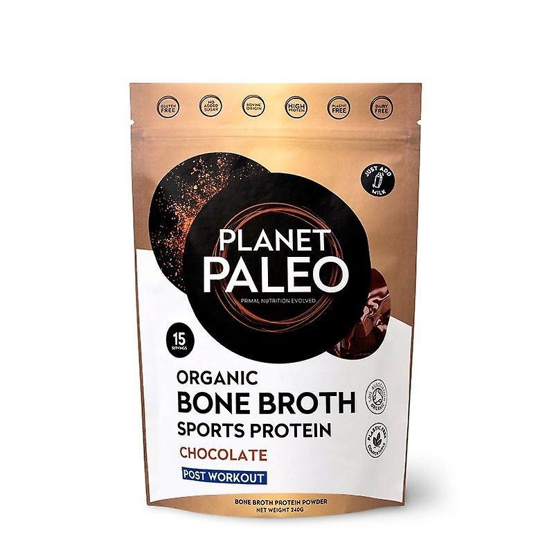 Brown and gold packaging of Planet Paleo Organic Bone Broth Sports Protein in chocolate flavor, featuring a resealable top and nutritional icons, labeled as post-workout supplement.