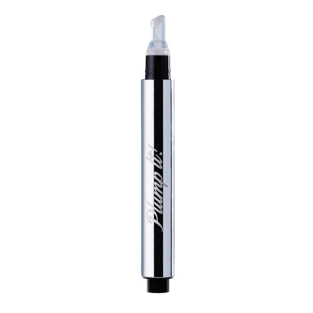 Silver tube with a precision tip applicator, featuring a clear nozzle and "Plump It!" branding, designed for volumizing lip plumper.