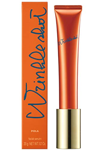 Bright orange box with blue "Wrinkle Shot" text, containing a sleek orange tube with a gold cap, labeled "POLA Facial Serum" in white.