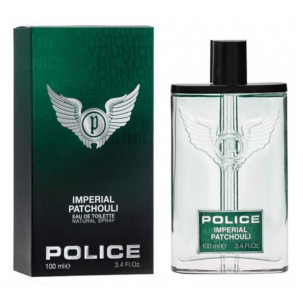 Clear glass bottle with a black and green label featuring a winged logo, housed in a matching green and black box, labeled "Imperial Patchouli Eau De Toilette 100ml."