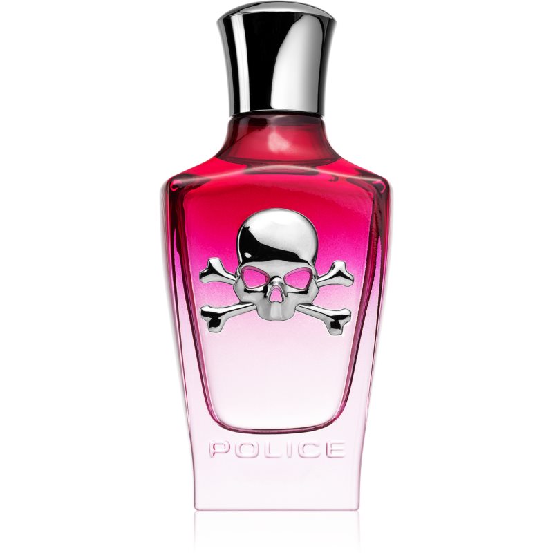 Pink and clear glass bottle of Police Potion Love Eau De Parfum, featuring a silver skull and crossbones design, with a sleek silver cap, containing 50ml of fragrance.