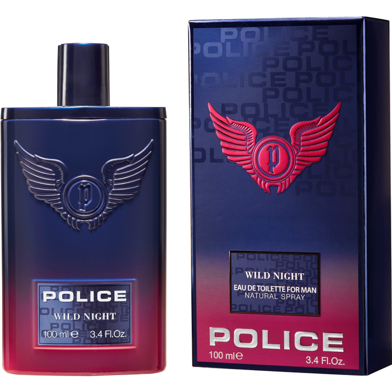 Debenhams Wild Night Man Eau De Toilette in a sleek dark blue bottle with a black cap, featuring a winged logo, alongside a matching box with bold graphics.