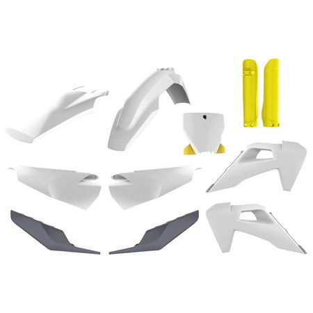 White plastic bodywork kit for Husqvarna TC/FC/TX/FX models (2019-22), includes fenders, side panels, and number plates, with yellow fork guards and grey accents.
