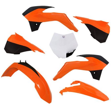 Polisport Plastics Kits for KTM SX85 (2018-2024) featuring vibrant orange and black plastic body panels, including fenders and side panels, designed for OEM fit.