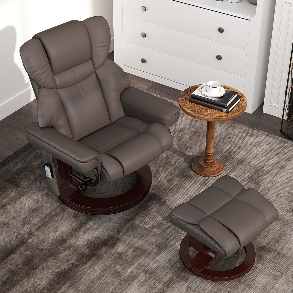 Brown upholstered massage recliner chair with a matching footrest, featuring plush cushioning and a wooden base, set beside a small round table in a cozy room.