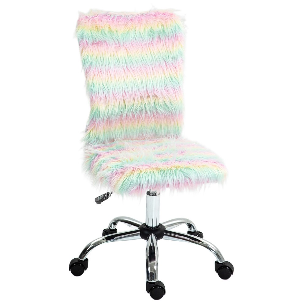 Fluffy unicorn-toned vanity chair with a colorful striped faux fur upholstery, chrome swivel base, and rolling wheels, designed without arms for easy mobility.