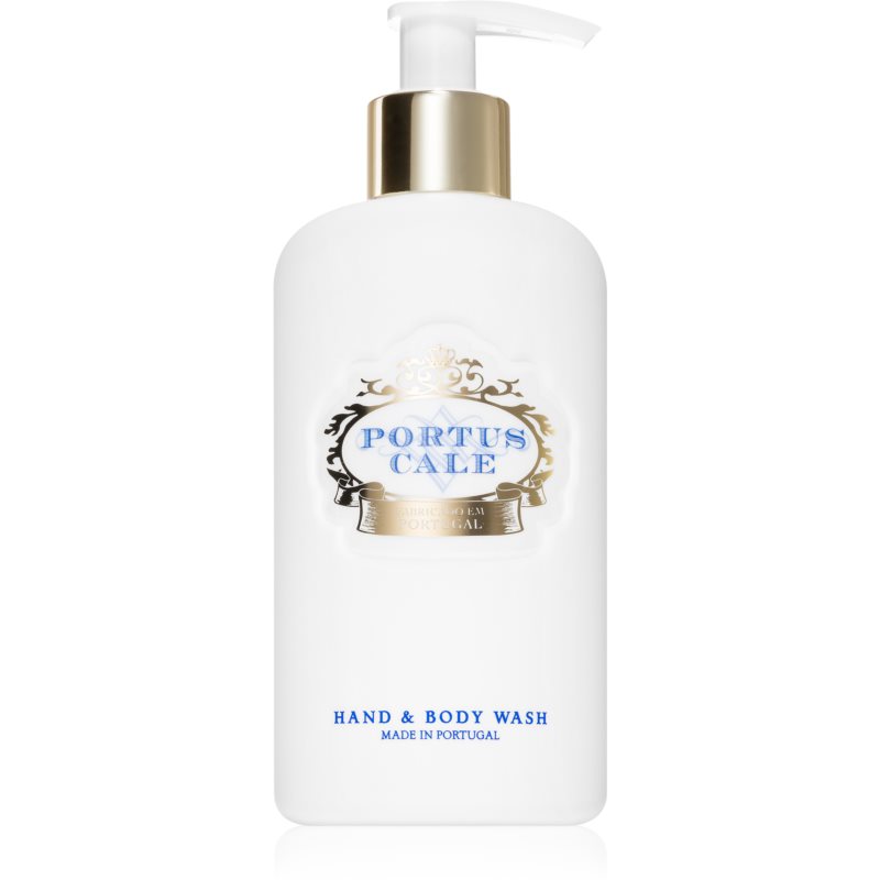 White bottle with a gold pump lid, featuring a blue and gold label that reads "PORTUS CALE" and "HAND & BODY WASH," containing 300 ml of liquid soap.