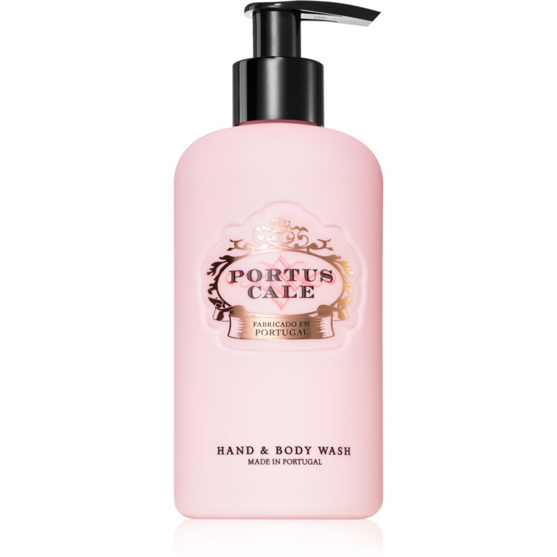 Pink plastic bottle of Castelbel Portus Cale Rosé Blush Shower Gel, featuring a black pump top and ornate label with gold accents, labeled for hands and body, 300 ml.