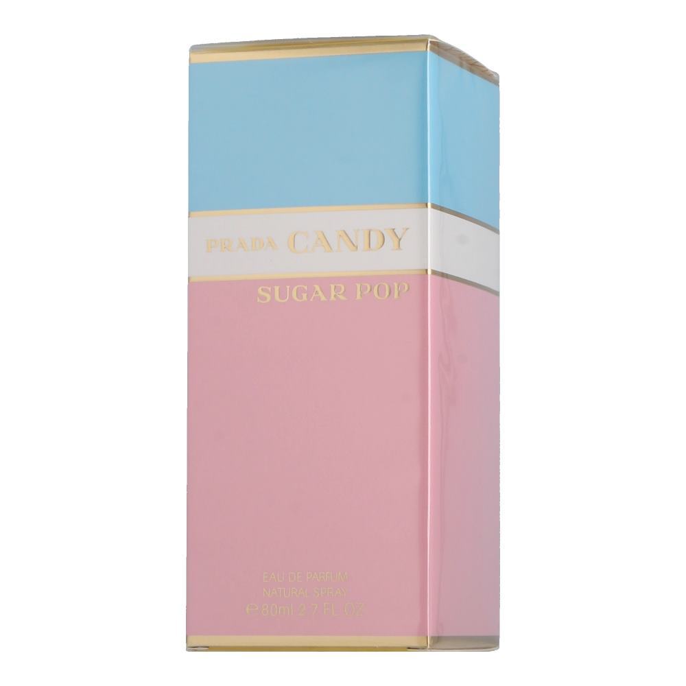 Prada Candy Sugar Pop Eau De Parfum 30ml features a pastel blue and pink box with gold accents, showcasing the brand name prominently on the front.