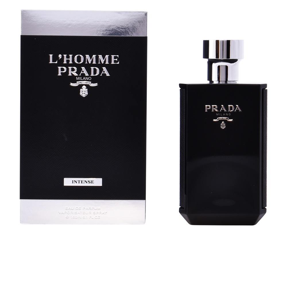 Prada L'Homme Intense Eau De Parfum in a sleek black glass bottle with a silver cap, accompanied by a stylish black and silver box featuring the brand name and product details.