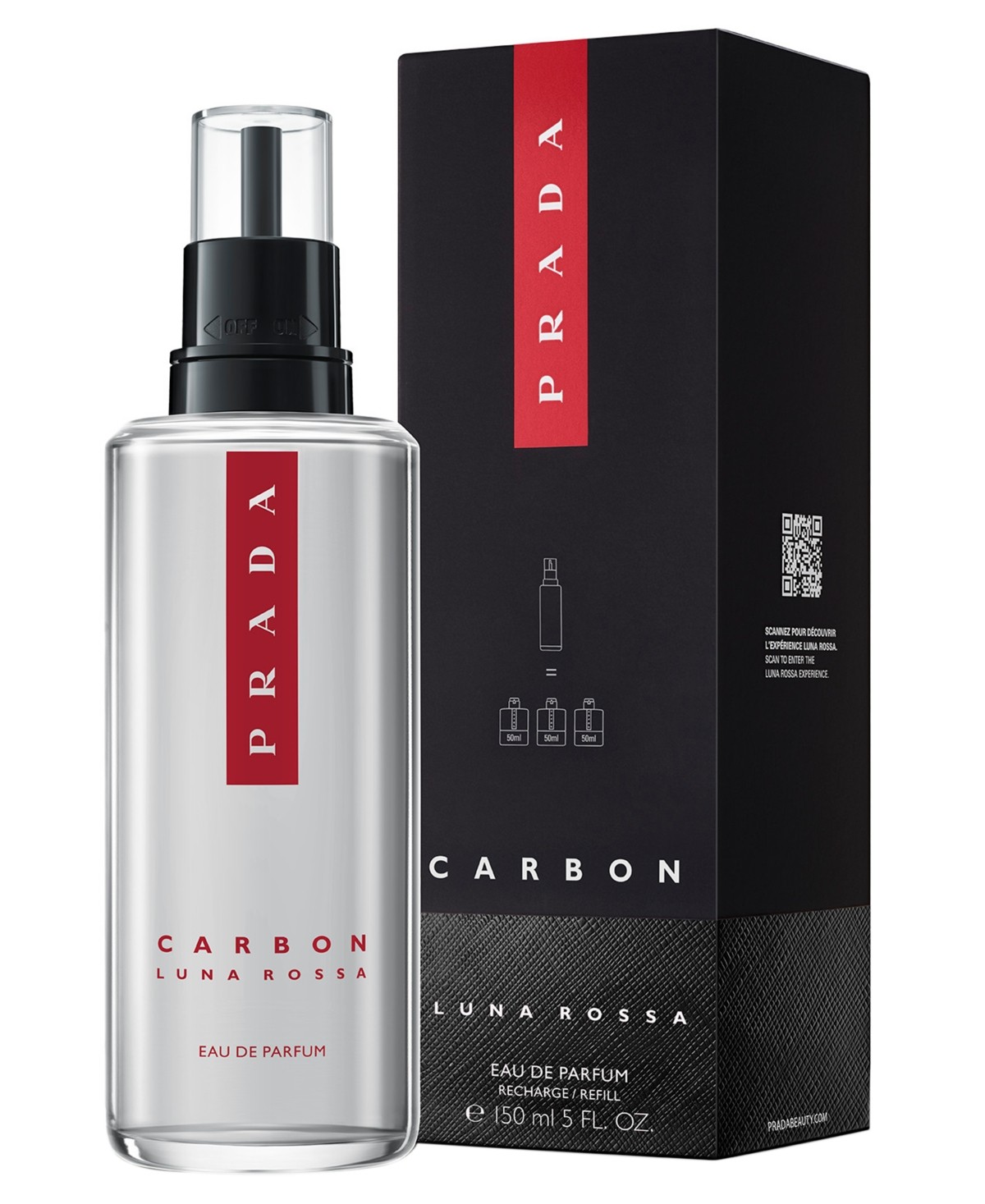 Clear glass bottle with a sleek design, featuring a black spray nozzle, labeled "Prada Carbon" in bold red letters, alongside a matching black box with similar branding.