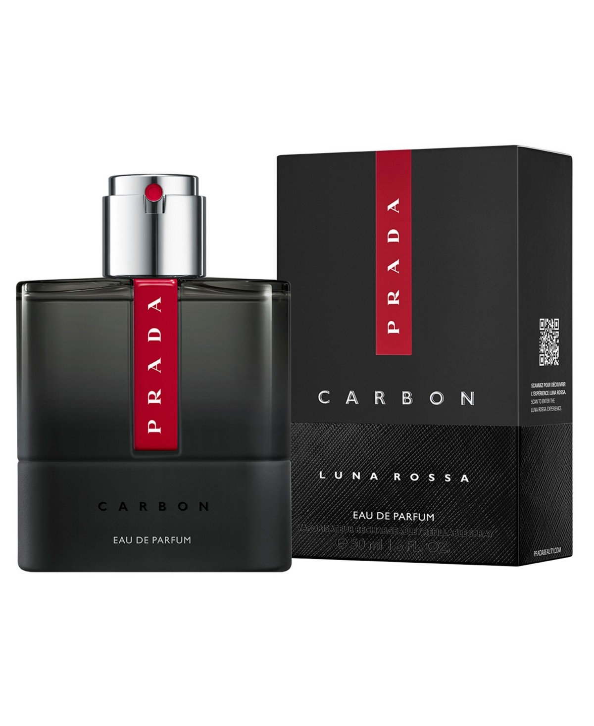Prada Luna Rossa Carbon Eau De Parfum features a sleek black glass bottle with a silver cap and a bold red label, presented in a matching black and red box.