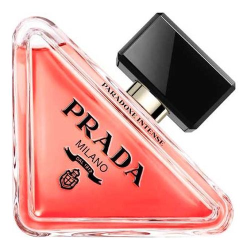 Prada Paradoxe Intense Eau De Parfum in a triangular glass bottle with a vibrant coral-red liquid, featuring a sleek black cap and gold accents, labeled with "PRADA MILANO."