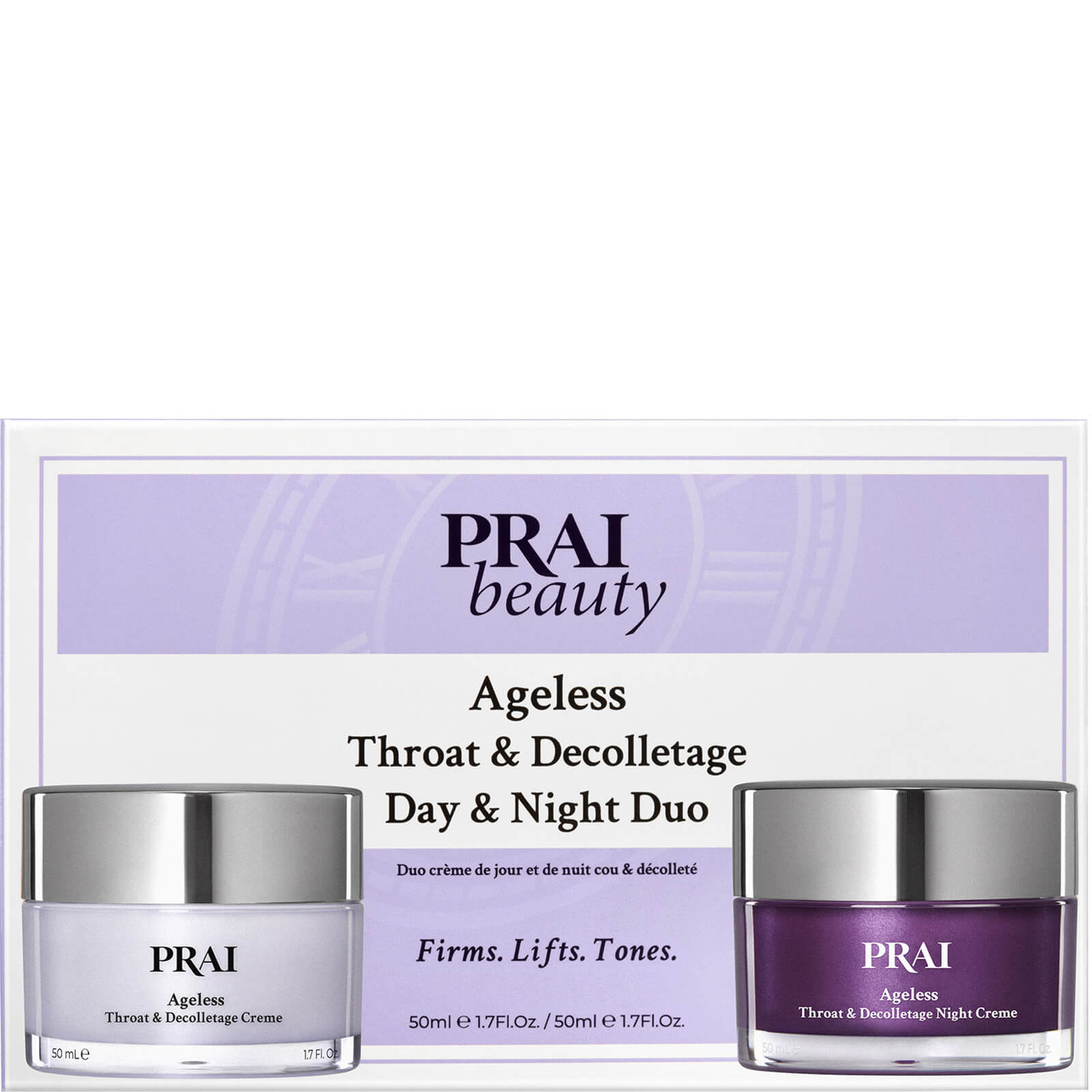 Two jars of PRAI Beauty Ageless Throat and Decolletage cream, one in a clear glass container with a silver lid and the other in a purple glass container, presented in a white box with purple text.