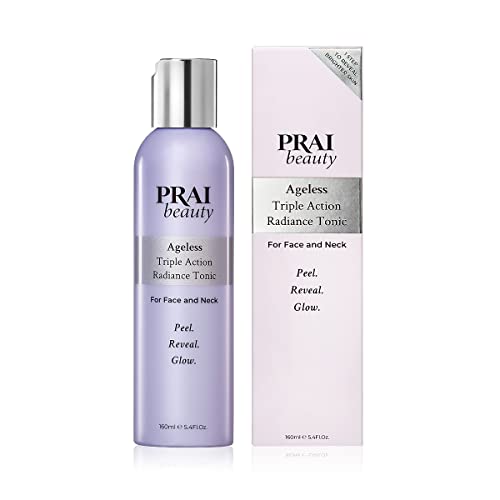Purple bottle of PRAI Beauty Ageless Triple Action Radiance Tonic for Face & Neck, 160ml, with a silver cap and matching box, featuring the text "Peel. Reveal. Glow."
