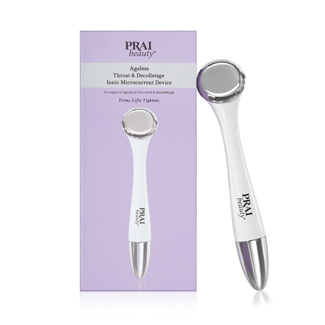 White and silver PRAIBeauty Ionic Microcurrent Device for neck and décolletage, featuring a sleek design, displayed alongside its lavender box packaging.