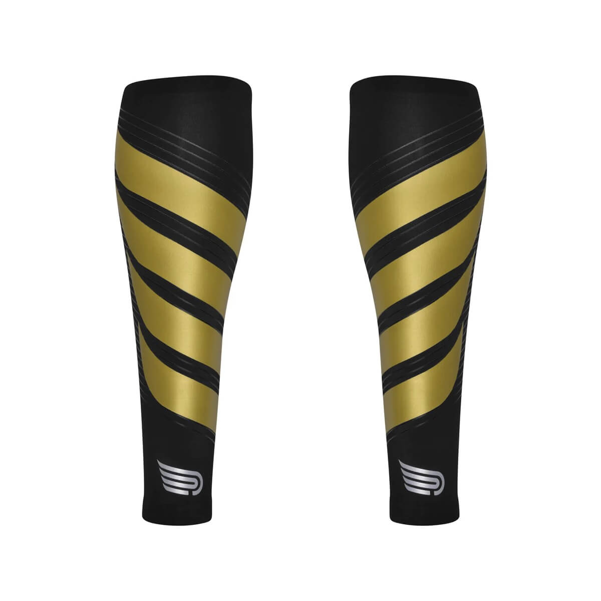 Unisex Pressio Power Calf Guard in gold and black, featuring a sleek design with bold gold stripes and a snug fit, made from a stretchy, breathable material.