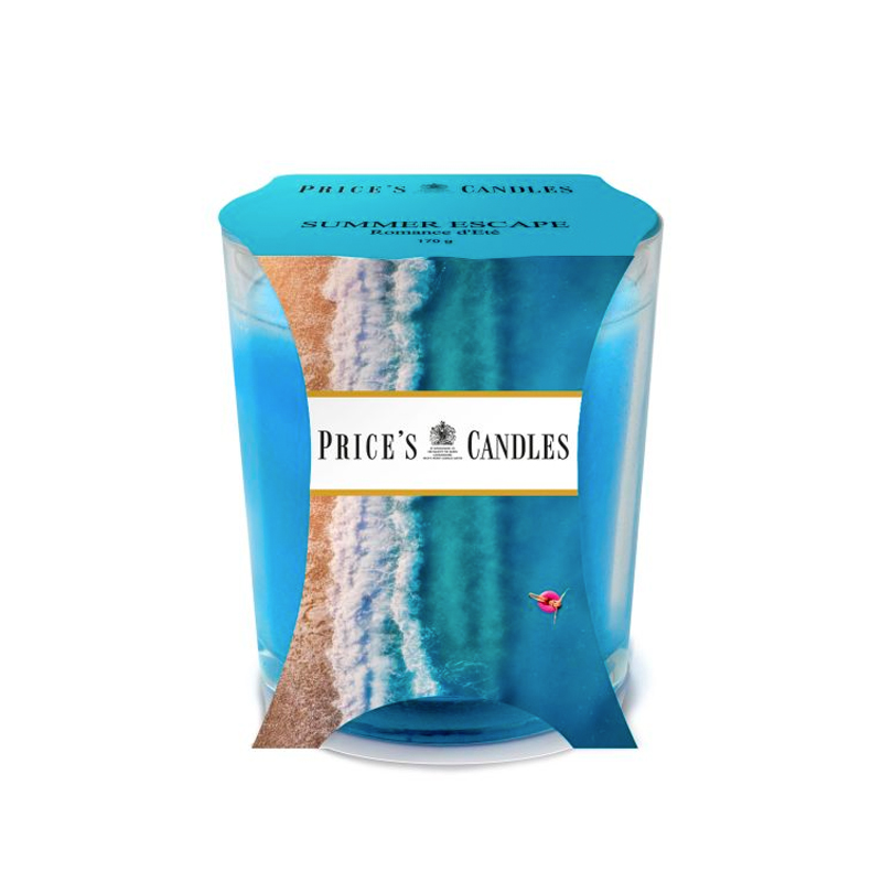 A clear jar candle with a blue gradient, featuring a sandy beach design on the label, labeled "SUMMER ESCAPE" by Price's Candles.