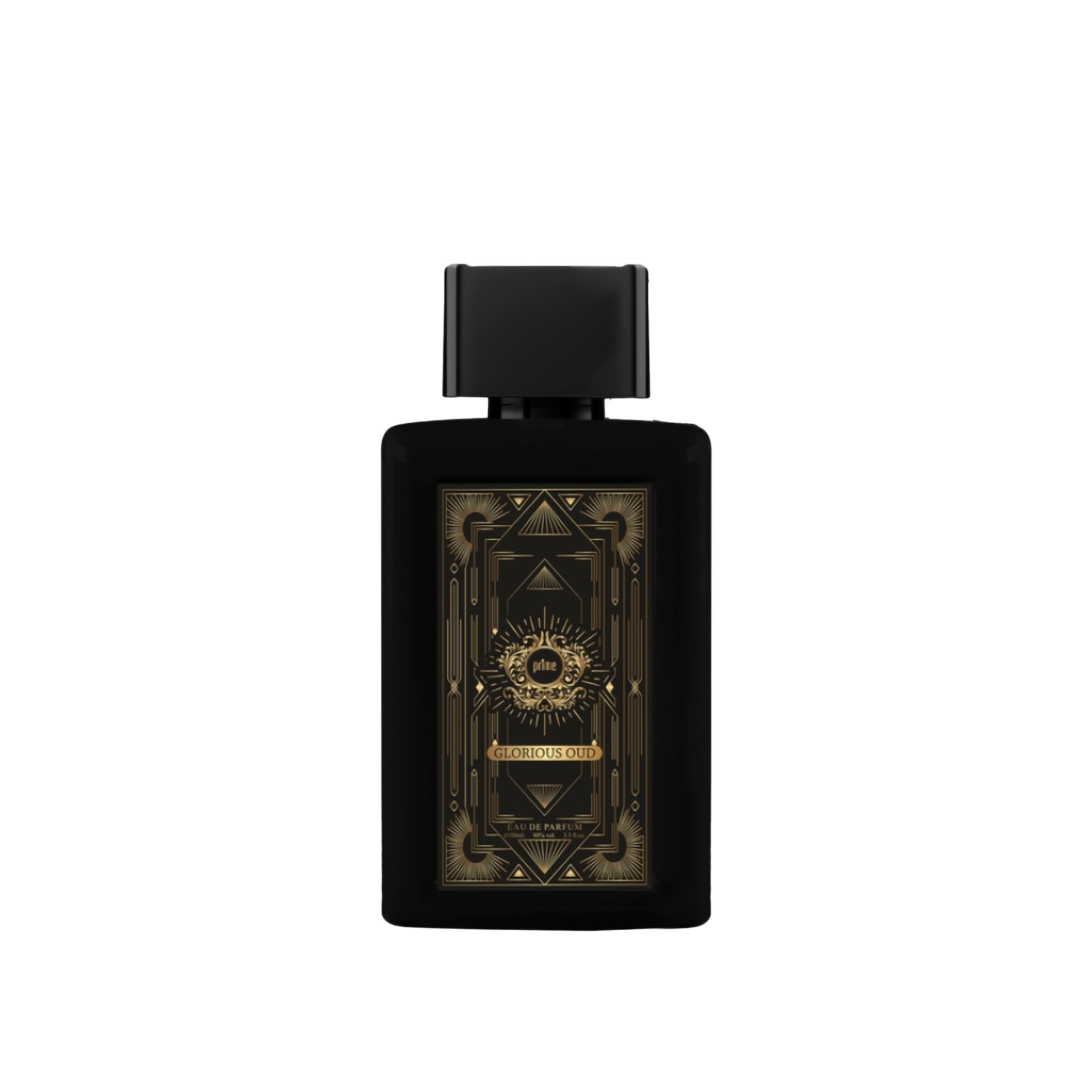 Black glass bottle with a geometric design and gold accents, featuring a sun motif and the label "Glorious Oud" in elegant typography, containing 100ml of Eau De Parfum.