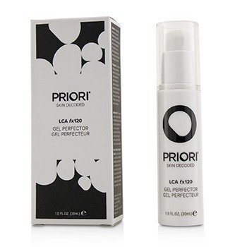 PRIORI Skincare LCA Gel Perfector in a sleek white bottle with a pump dispenser, housed in a matching box featuring a modern black and white design, designed for oily skin with salicylic acid.