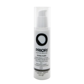 PRIORI TETRA Broad Spectrum SPF 50 sunscreen in a 50ml white pump bottle, featuring a black circular logo and tinted color for universal skin tones, enriched with antioxidants.