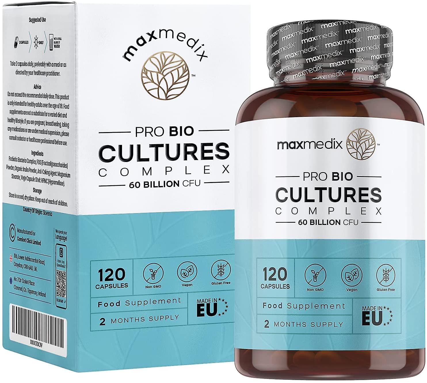 Brown glass bottle with a black lid, labeled "Pro Bio Cultures Complex" featuring 60 Billion CFU, alongside a white box with teal accents, both displaying "120 Vegan Capsules."