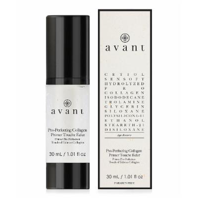 Clear glass bottle with a black pump and silver cap, featuring "Avant" branding; accompanied by a white box with black text detailing the "Pro Perfecting Collagen Touche Eclat Primer."