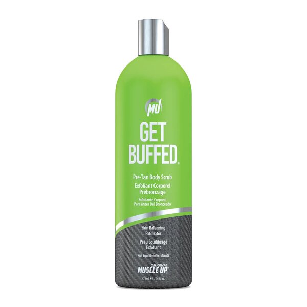 Bright green bottle of Pro Tan Get Buffed Pre-Tan Body Scrub, featuring a sleek design, silver cap, and black textured base, labeled with "Prime, Polish, Perfect" and "Skin Balancing Exfoliator."