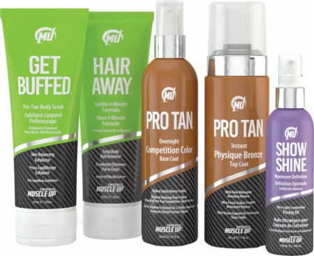 Five grooming products in tubes and bottles: green "Get Buffed" scrub, purple "Hair Away," brown "Pro Tan" base coat, bronze "Pro Tan" top coat, and purple "Show Shine" spray.
