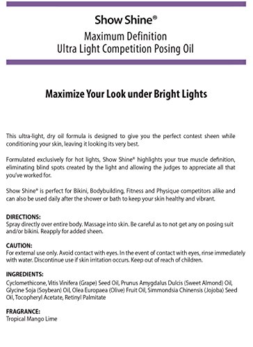 Pro Tan Show Shine posing oil spray in a sleek 118ml bottle, featuring a vibrant purple and white label with bold text, designed for enhancing skin under bright lights.