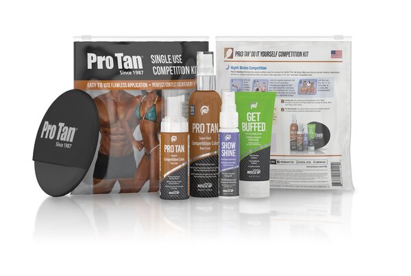 Pro Tan Single Show Competition Color Mini Kit includes a brown tanning lotion, a show shine spray, and a buffing cream, all in a compact, travel-friendly package.