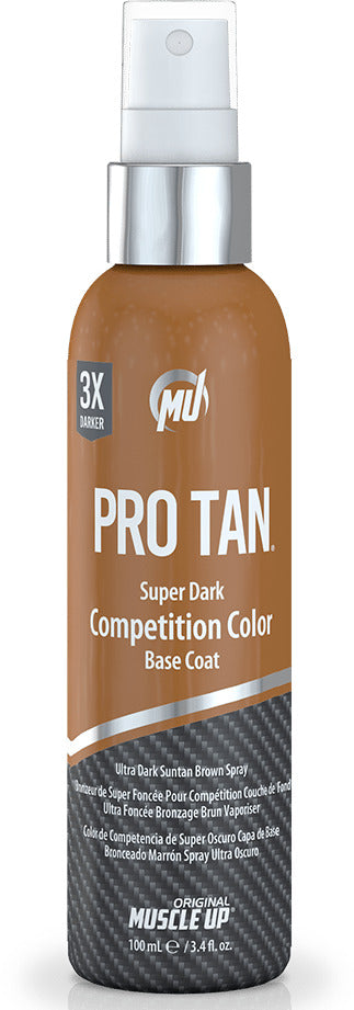 Pro Tan Super Dark Competition Color Base Coat in a 100ml spray bottle, featuring a sleek brown design with a black textured base and bold white and orange text.