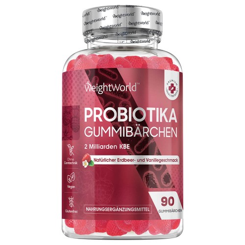 Clear bottle containing red gummy probiotics with a strawberry and vanilla flavor, labeled in German, featuring a white cap and a design emphasizing vegan and gluten-free attributes.