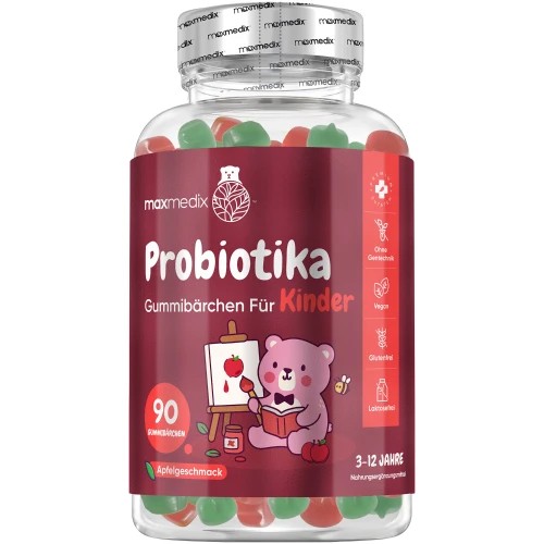 Probiotic gummies for kids in a clear bottle, featuring a red and green gummy bear design, labeled in German with "Probiotika" and "Gummibärchen für Kinder," containing 90 gummies.