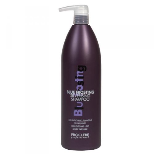 Purple bottle of Proclere Blue Frosting Silverising Shampoo, 1000ml, featuring a pump dispenser and bold white text highlighting its conditioning properties for grey and blonde hair.
