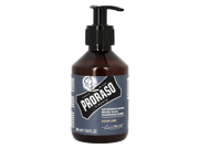 Dark brown bottle with a black pump dispenser, labeled "Proraso" in a bold white font, featuring a blue and white design, containing 200ml of Azur Lime Beard Cleanser.