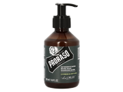 Dark amber bottle with a black pump top, labeled "Proraso Cypress & Vetyver Beard Wash 200ml," featuring a green and white design with a logo and product details.