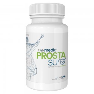 White bottle labeled "ProstaSure" with a geometric figure design, containing 180 capsules; highlights ingredients like Saw Palmetto and Zinc for prostate health.