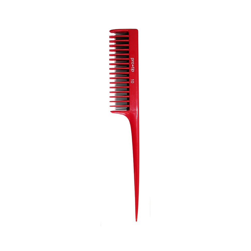 Red plastic tail comb with fine teeth for backcombing, featuring a pointed end for sectioning hair, labeled "ProTip 10" on the side.