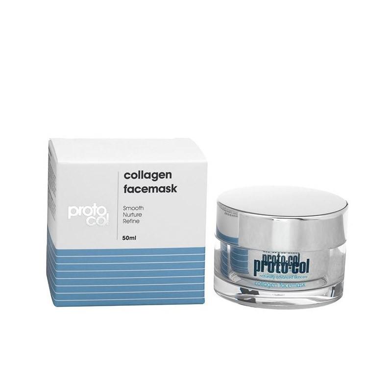 White box with blue accents labeled "collagen facemask 50ml" next to a clear glass jar with a silver lid, featuring the Proto-col logo prominently displayed.