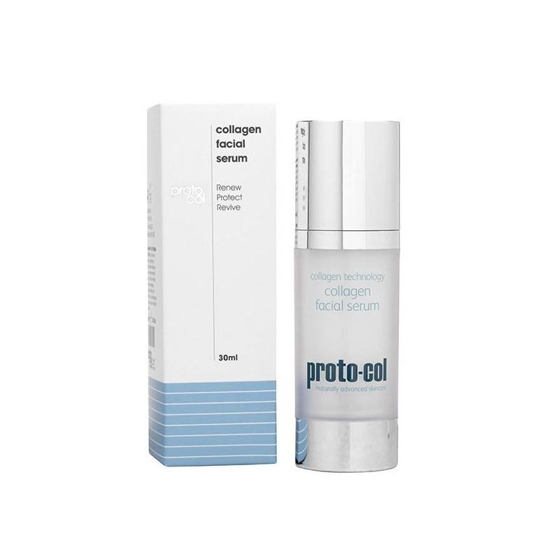 Clear glass bottle with a silver pump dispenser, labeled "proto-col collagen facial serum," alongside a white and blue box, both emphasizing skincare benefits.