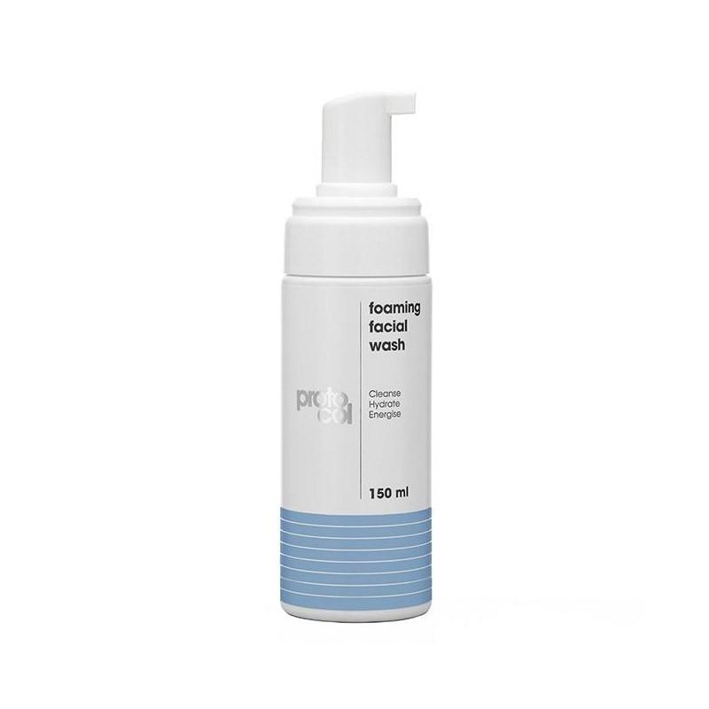 White cylindrical bottle with a pump dispenser, labeled "foaming facial wash" in black text, featuring a blue gradient stripe at the bottom, containing 150 ml of product.