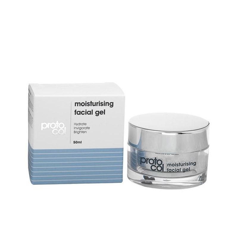 Clear glass jar with a silver lid, containing 50ml of Proto-col Skin Moisturising Facial Gel, alongside a white box featuring blue stripes and product details.