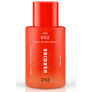 Bright red bottle of PSA Heroine Superfood Glow Toner with a sleek design, featuring a matte finish and a pump top, labeled "Step 002" in white text.