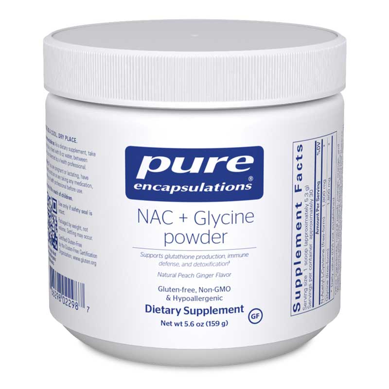 White plastic container with a blue and white label, featuring "Pure Encapsulations NAC + Glycine Powder" in bold, and a natural peach ginger flavor indication, 159g.