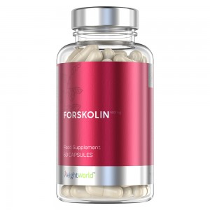 Transparent bottle with a silver lid, containing beige capsules; label features a vibrant pink background with "FORSKOLIN" in bold white text and "60 CAPSULES" in green.