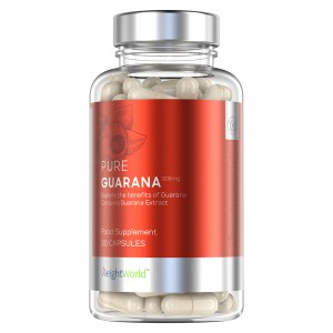 Clear bottle containing white capsules, labeled "Pure Guarana 2400 Mg" in bold red and silver, with a focus on metabolism and energy support, by WeightWorld.